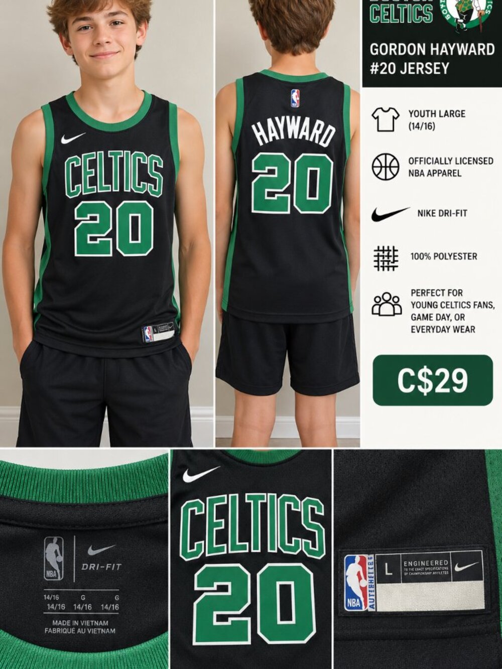 Nike Celtics Gordon Hayward #20 Jersey Youth L 14/16 NBA